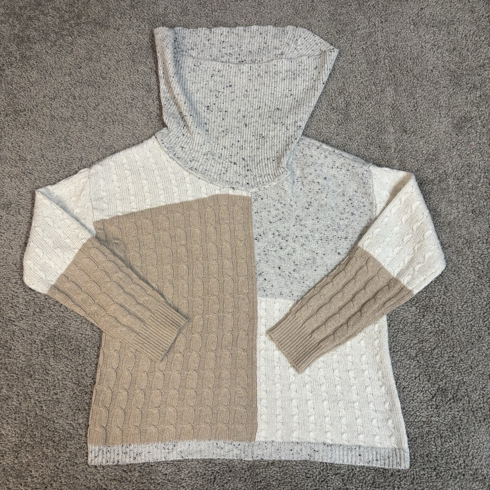 Hem & Thread‎ Women's Sm Pullover Sweater Cowl Wool blend Color Block Cable Knit